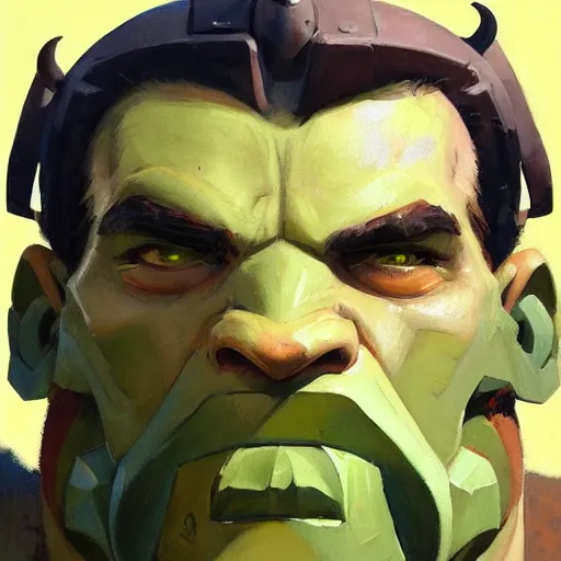 Prompt: greg manchess close - up portrait painting of a ruggedly handsome dieselpunk orc general with olive green skin as an overwatch character, medium shot, asymmetrical, profile picture, organic painting, sunny day, matte painting, bold shapes, hard edges, street art, trending on artstation, by huang guangjian and gil elvgren and sachin teng