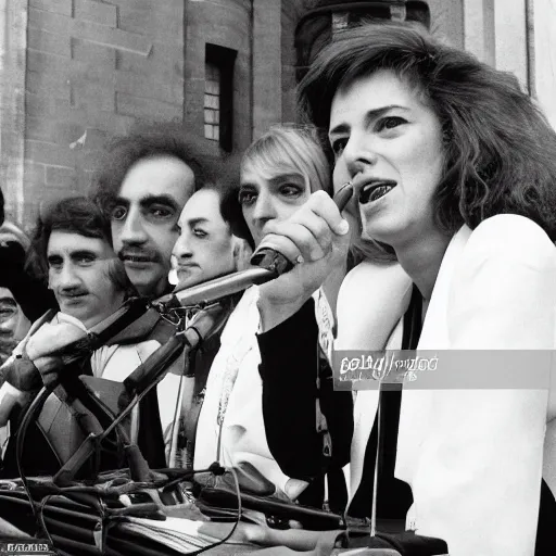 Image similar to French pop star Daphne LaCroix argues in favor of worker's rights with German New-Trad Intellectuals in Berlin, March, 1978