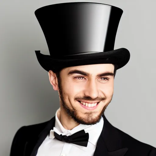 Image similar to A young man in a top hat in an elegant black suit has a cryptic smile on his face