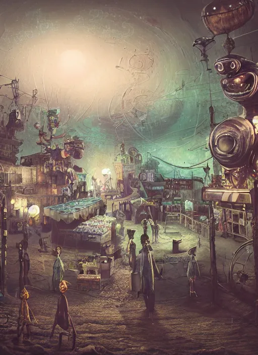 Image similar to Alexander Jansson style, A lunar landscape, darkness, nocturnal lighting, colored spotlights, psychdelic lights, gloom, fast food stalls and street market, extraterrestrials with psychedelic costumes walking and old robots buying and eating, realistic, many details, octane Render Ultra Detailed detailed detailed, Unreal Engine 5, HDRI,