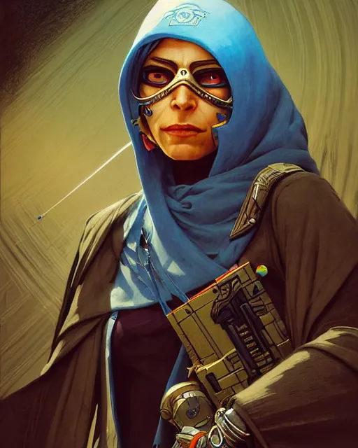 Image similar to ana from overwatch, eye patch, white hair, hooded blue cloak, older egyptian woman, character portrait, portrait, close up, concept art, intricate details, highly detailed, vintage sci - fi poster, in the style of chris foss, rodger dean, moebius, michael whelan, and gustave dore