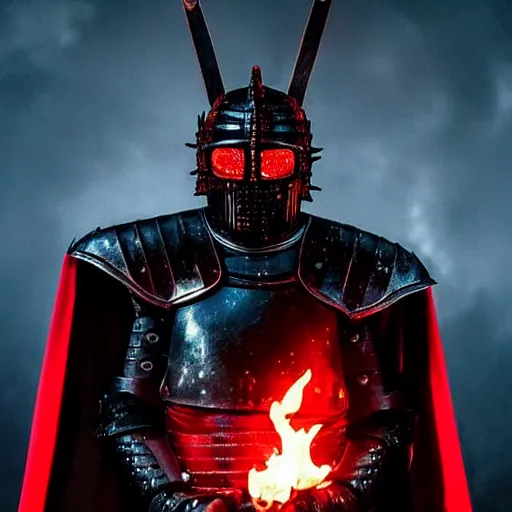 Image similar to a black knight in shining armor, a terrible mask on his face, eyes burning with red fire. a boy is standing next to him and he has a sword in his hands