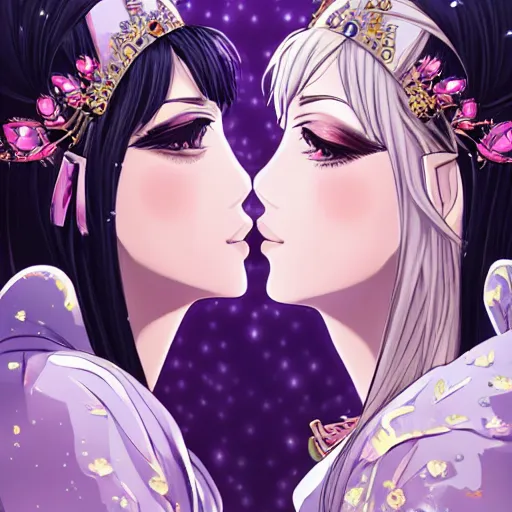 Prompt: a scene of two beautiful queens facing each other in front of a thrown, detailed gorgeous eyes, symmetrical faces, detailed anime art