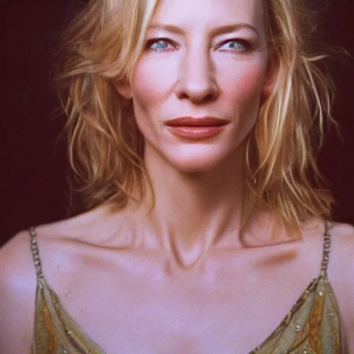 Prompt: very detailed and textured portrait of cate blanchett in 1999, by Steve McCurry, cinestill 800t 18mm 4k