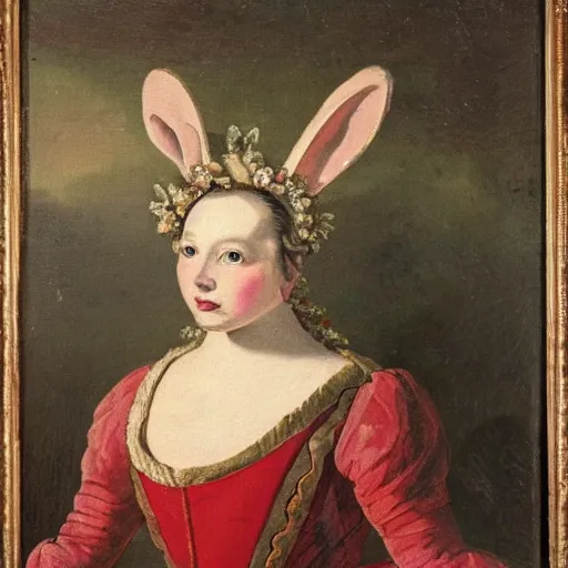 Image similar to a rabbit dressed as a queen wearing a crown, 18th century oil painting