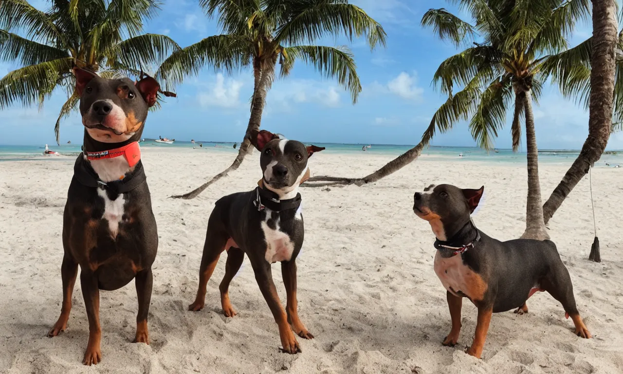 Image similar to an american pitpull terrier on an island beach with palm trees in the background