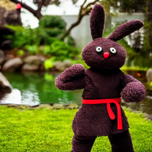 Prompt: a fluffy chocolate brown karate loving muppet bunny wearing cool black ninja clothes with a red belt and practicing her karate out in nature by a koi pond, photorealistic, photography, ambient occlusion, rtx, national geographic, sesame street