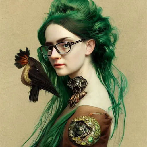 Prompt: a portrait of a baroque steampunk gorgeous green haired queen of birds with a tattered dress and big glasses, with feather decoration cinematic lighting, photorealistic, octane render, 8 k, depth of field, 3 d, art by artgerm and greg rutkowski and alphonse mucha and uang guangjian and gil elvgren and sachin ten