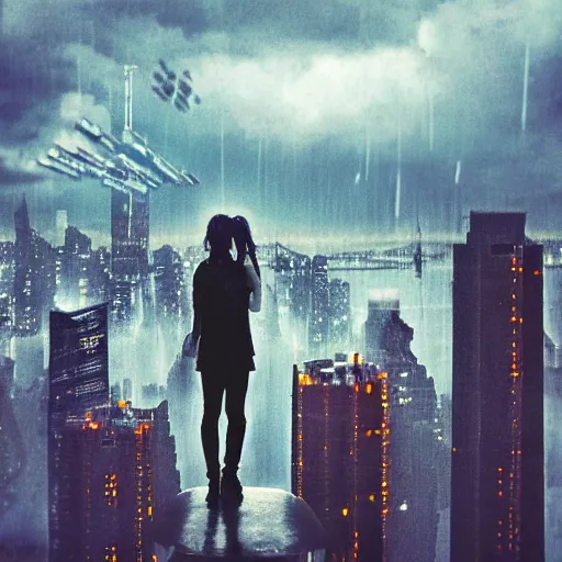 Prompt: “ girl standing on a roof looking down at a futuristic new york city below, ghostpunk, blade runner, cyberpunk, art nouveau, storm clouds, rain, very detailed, by gil evgren ”