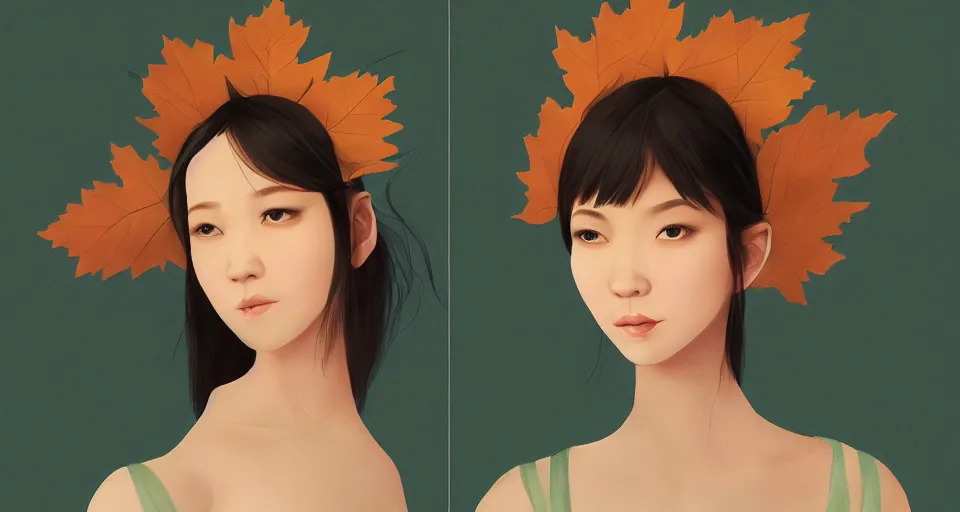 Image similar to asian female wearing leaf costume, contrast lightning, rough dark background, art by dannylailai on artstation, by hsiao ron cheng