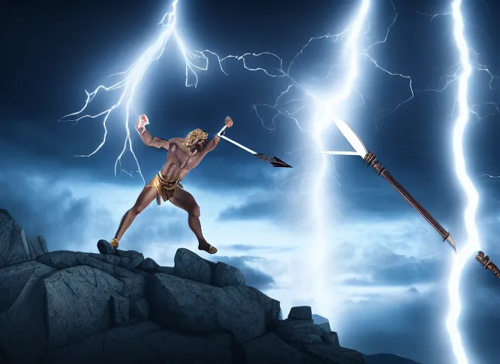 Image similar to zeus fighting chronos with a spear of lightning at the top of mount olympus. mythology style. highly detailed 8 k. intricate. lifelike. soft light. sony a 7 r iv 5 5 mm. [ cinematic post - processing ].