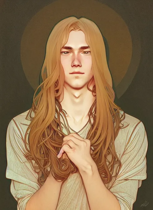 Image similar to pretty young man with shoulder length shiny shimmering golden blond hair, head down, shy, path traced, highly detailed, high quality, digital painting, by studio ghibli and alphonse mucha, leesha hannigan, disney