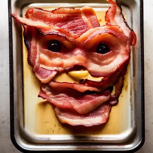 Prompt: bacon being cooked fried, it looks like a face, it looks exactly like kevin bacon's face