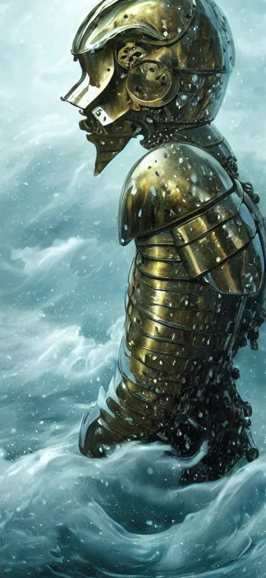 Image similar to suit of armor, made of water, made of liquid, rising up from ocean, water armor, high detail, high contrast, medium close up portrait, studio lighting, stormy seas, beautiful, bokeh, snowy, storm clouds, god rays, d & d, fantasy, elegant, aquamarine color palette, concept art, greg rutkowski and alphonse mucha