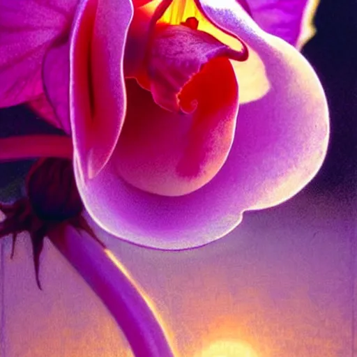 Image similar to detailed surreal orchid rose, transparent dew, backlit, sunset, refracted lighting, photorealistic, soft, sharp focus, art by collier, albert aublet, krenz cushart, artem demura, alphonse mucha