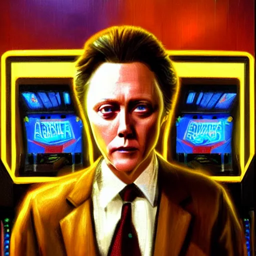 Prompt: portrait of christopher walken in a 1 9 8 0 s arcade, an oil painting by ross tran and thomas kincade