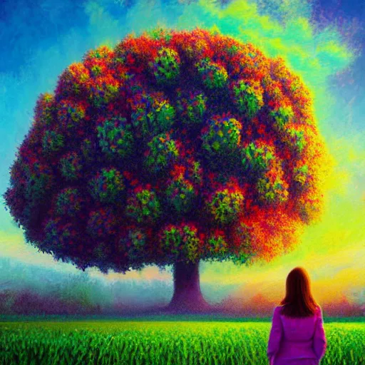 Image similar to large flower as a face, girl standing in a flower field, surreal photography, big trees, sunrise dramatic light, impressionist painting, colorful clouds, digital painting, pointillism, artstation, simon stalenhag