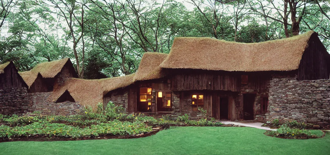 Image similar to scottish blackhouse designed by daniel burnham. outdoor landscaping designed by roberto burle marx. fujinon premista 1 9 - 4 5 mm t 2. 9. portra 8 0 0.