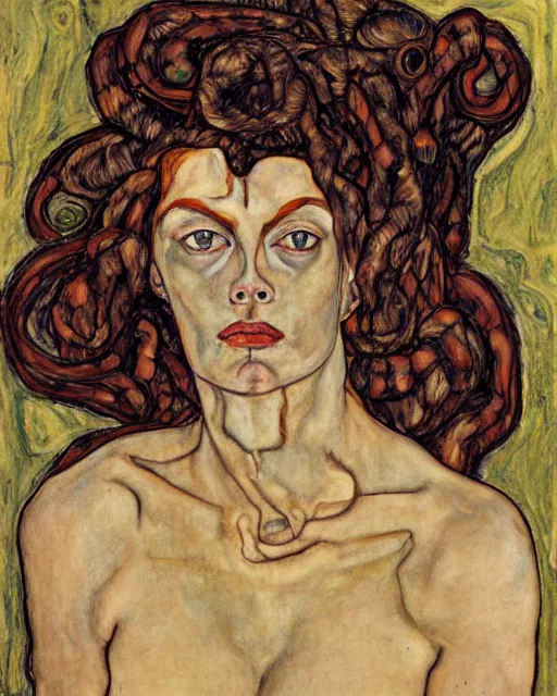 Image similar to portrait of a powerful medusa with many pythons by egon schiele in the style of greg rutkowski