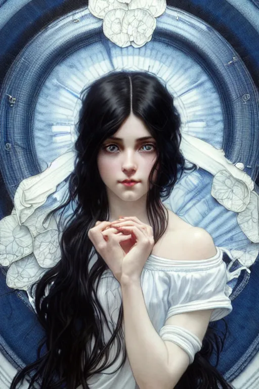 Image similar to ultra realistic, Beautiful black haired woman, Porcelain white complexion, big blue eyes, cute small lips., wearing jeans and white blouse, whip in hand, intricate details, eerie, highly detailed, octane render, 8k, art by artgerm and alphonse mucha and greg rutkowski