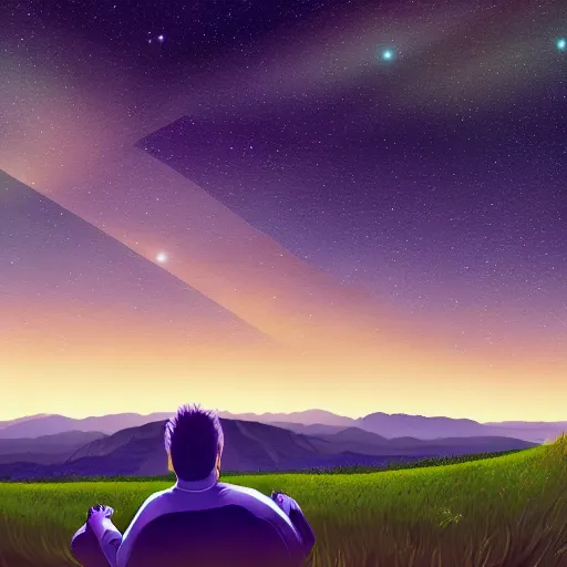 Image similar to idealized detailed image of a content man thinking to himself while in a dream-like environment, looking over a landscape of bright, rolling hills, a quaint little village in the background and starlit skies, the sky has purple/light orange undertones