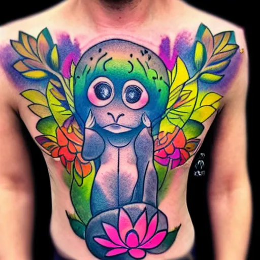 Image similar to shoulder tattoo of a meditating cute bush baby with trippy eyes and glowing multicolored chakra symbols, surrounded with colorful lotus flowers, insanely integrate