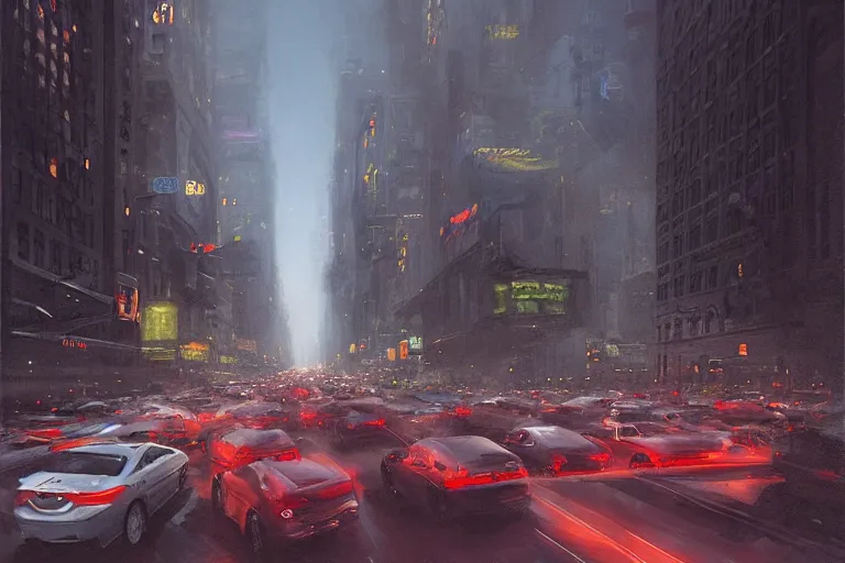 Image similar to beautiful matte painting of traffic jam on the streets of neo new york in evening by greg rutkowski, 4 k, extreme details, photorealism