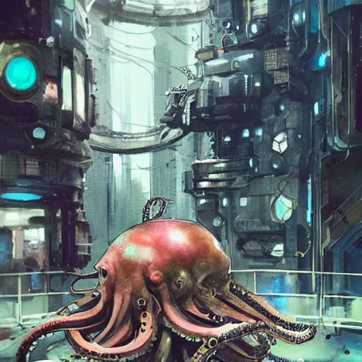 Prompt: octopus on a space station, cyberpunk, realistic, detailed, Industrial Scifi, paint, watercolor, in the style of Ashley Wood and Wadim Kashin