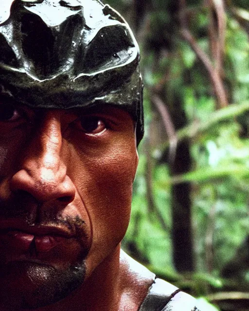 Image similar to film still close - up shot of dwayne johnson from the movie predator. photographic, photography