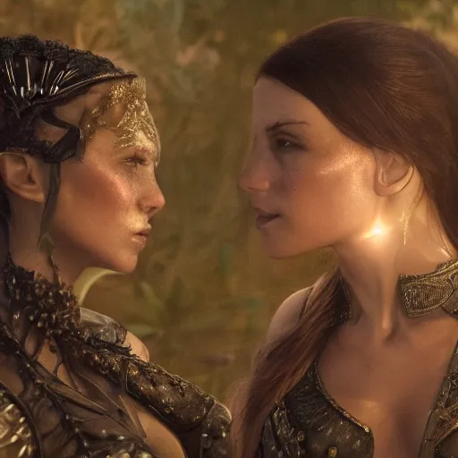 Prompt: a scene of two identical beautiful sorceresses face to face, full of detail, realistic lighting