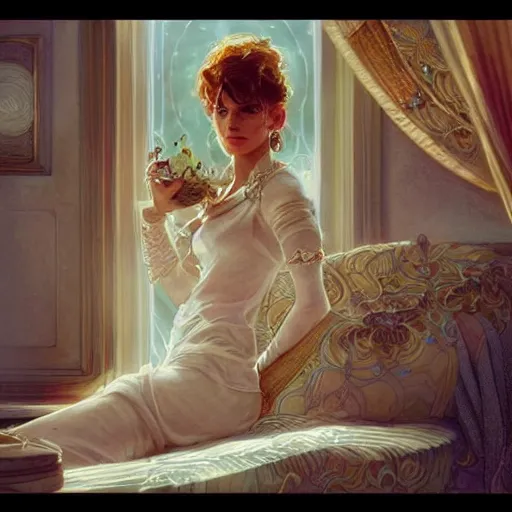 Image similar to Scene from Pretty Woman with crocheting figures. Elegant, intricate, digital painting, artstation, concept art, smooth, sharp focus, illustration, art by artgerm and greg rutkowski and alphonse mucha