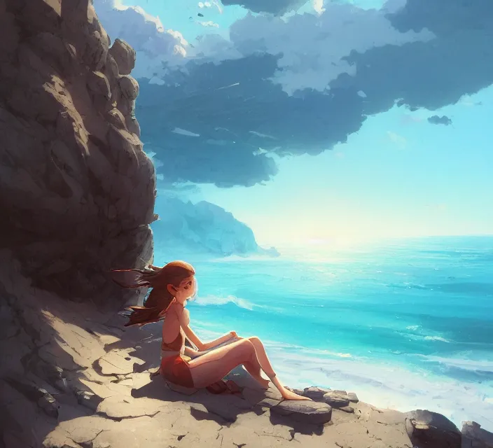 Image similar to a girl sitting on a cliffside overlooking the beach, blue waters, ripples, waves, reflections, details, sharp focus, illustration, by Jordan Grimmer and greg rutkowski, Trending artstation, pixiv, digital art