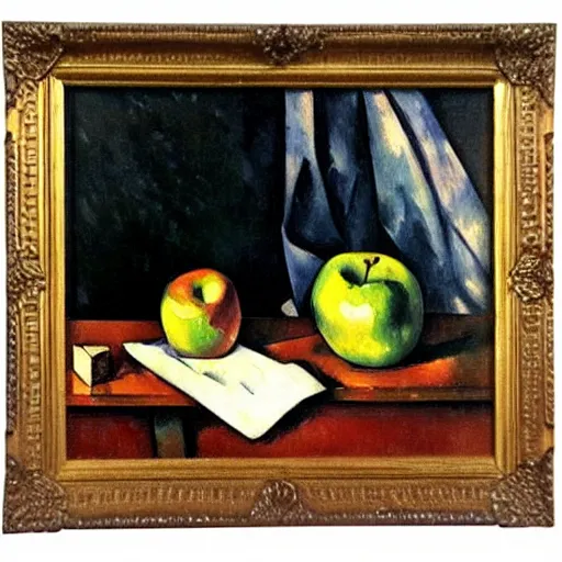 Image similar to Still life oil painting of an apple and a mug of coffee on a school desk, Paul Cezanne, 1895, award-winning, realistic, oil painting, dynamic lighting