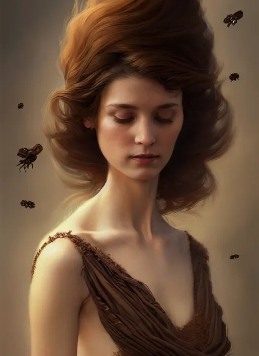 Image similar to portrait of a woman with brown hair wearing a flowing dress, holding her hands out, tattoos of insects, intricate, elegant, highly detailed, digital painting, artstation, concept art, smooth, sharp focus, illustration, art by wlop, mars ravelo and greg rutkowski
