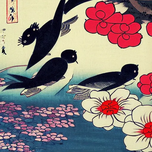 Image similar to a painting of flowers and a bird flying over a koi pond, a silk screen by ohara koson, pixiv contest winner, ukiyo - e, ukiyo - e, creative commons attribution, woodcut