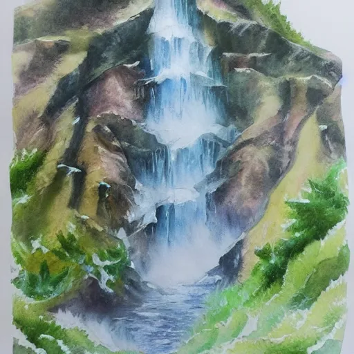 Image similar to water color on paper, elemental waterfall exhibiting all elements, highly detailed, artstation, masterpiece, award - winning,