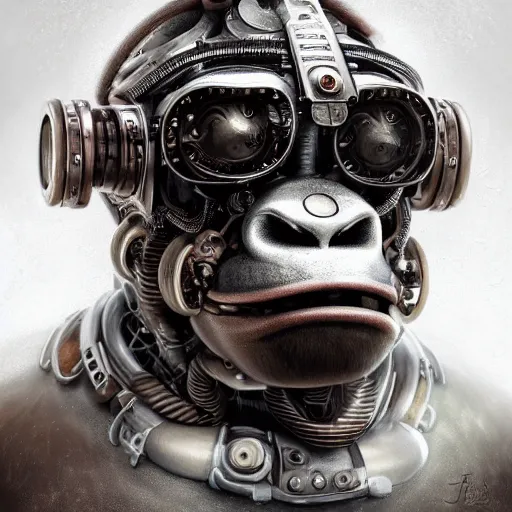 Prompt: a beautiful intricate fine art portrait photo of a a mechanical industrial steampunk cybernetic silverback gorilla, by tom bagshaw and zach sutton, perfection!, milk bath photography, studio lighting, backlight, 35mm lens, very detailed, bionic, cybernetic scifi, deep depth of field, artstation, 8K, highly coherent