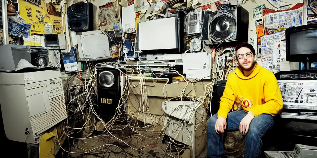 Image similar to typical cryptocurrency nerd, sitting in front of old 9 0's computer, yellow bitcoin posters on walls, shilling, crt tubes, cables everywhere, damp basement decay fat and dirty, scruffy looking, claustrophobia, humidity mold, award - winning photomanipulation