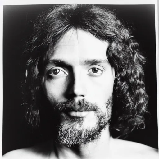 Image similar to Jesus moments after DMT hallucinations began. Close-up studio portrait by Robert Mapplethorpe. Tri-x