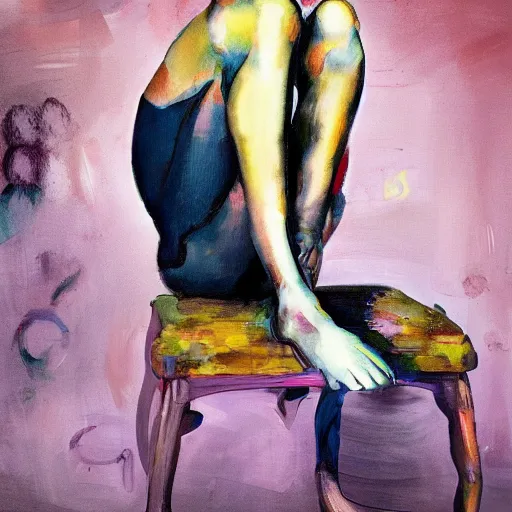 Prompt: portrait of a beautiful stunning girl sitting with legs shown full figure seductive sensual alluring attractive, in the style of disco elysium, expressionism, artstation, trending, by aleksander rostov, jenny saville, rembrandt, alex kanevsky, wassily kandinsky, dave mckean, yoshitaka amano