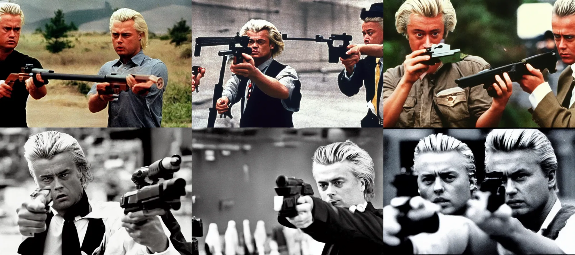 Prompt: Geert Wilders shooting guns in a scene from the movie Hard Boiled 1992 directed by John Woo