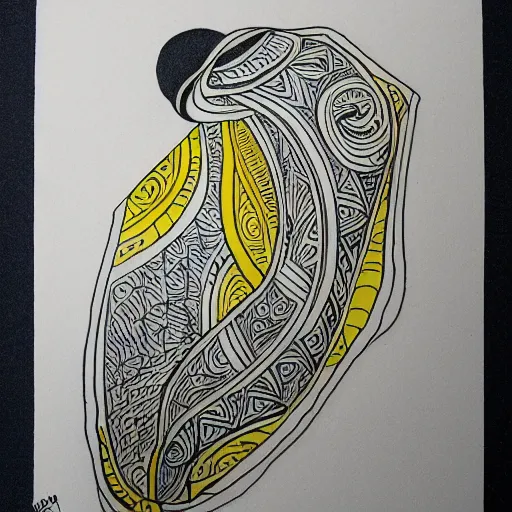 Image similar to tattoo sketch of a sea, on a yellow paper, ornamentaica, line art, minimalism, maori