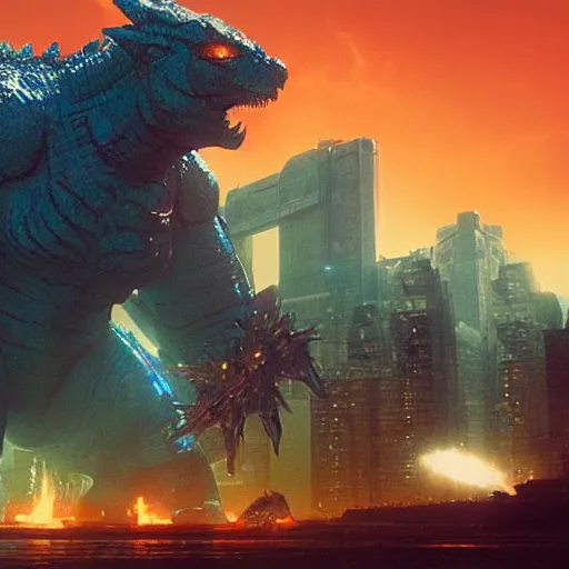 Prompt: pacific rim, godzilla ( 2 0 1 4 ), flares, halo, by simon stalenhag