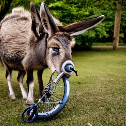 Image similar to fat donkey playing the flute whilst riding a unicycle, canon eos r 3, f / 1. 4, iso 2 0 0, 1 / 1 6 0 s, 8 k, raw, unedited, symmetrical balance, wide angle
