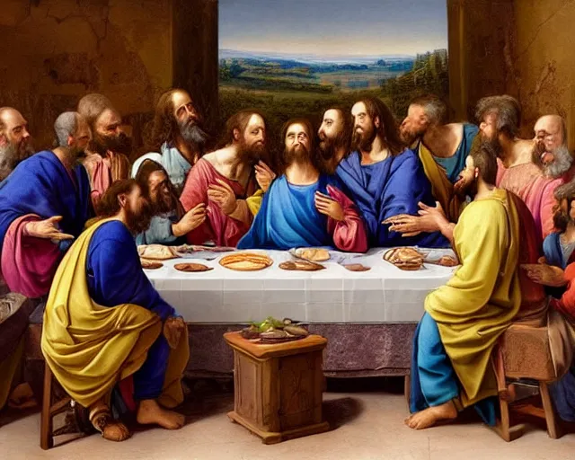 Prompt: beautiful glorious realistic oil painting of the last supper, baroque style, highly detailed and photorealistic, 8 k high detail and intricate