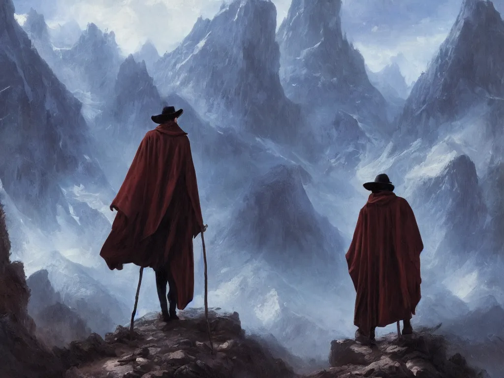 Image similar to a man in a cloak and a brimmed hat with a staff is wandering trough the mountains on an alien planet in the style of neo-romanticism