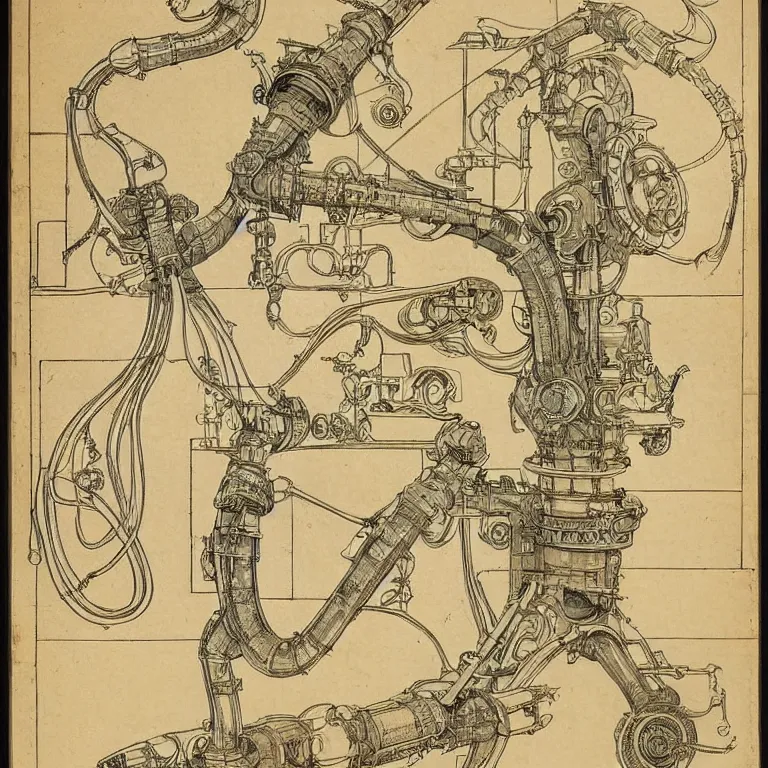 Image similar to detailed, intricate technical drawings on parchment from 1 8 4 0, with labels and notes, for a beautiful, symmetric, art nouveau robotic arm holding a paintbrush, by ron cobb and alphonse mucha