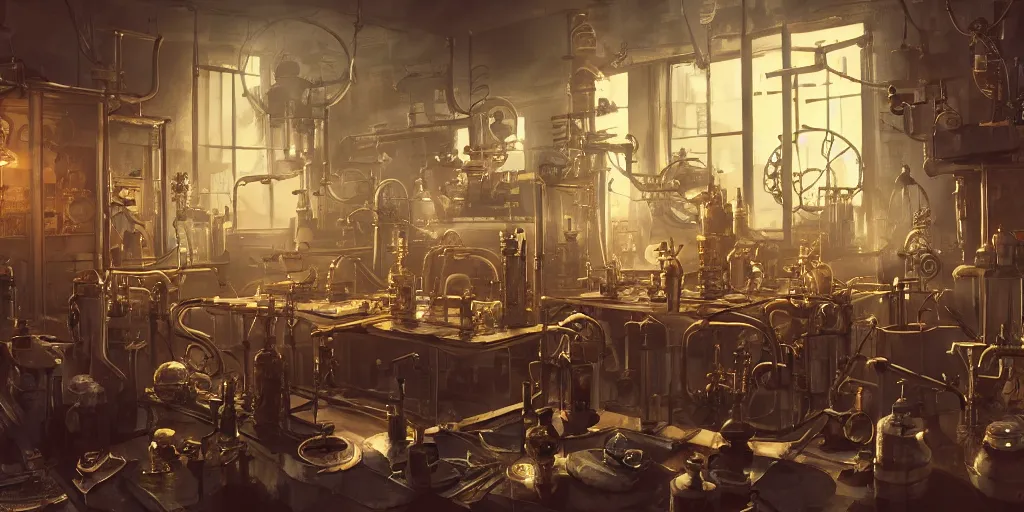 Prompt: kitbash of steampunk laboratory by Max Bedulenko, trending on Artstation, 8k, photorealistic, hyper detailed, unreal engine 5, cinematic color grade, epic lighting