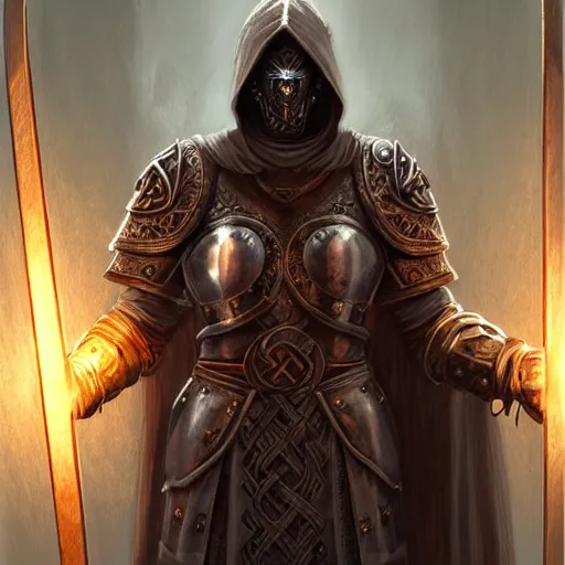 Image similar to beautiful arcane warforged crusades construct viking wood steel holy cleric crusader runes norse runes warforged crusades tabard hooded cloak runic, glowing eyes, intricate, elegant, highly detailed, digital painting, artstation, concept art, smooth, sharp focus, illustration, art by artgerm and greg rutkowski and alphonse mucha and loish and wlop