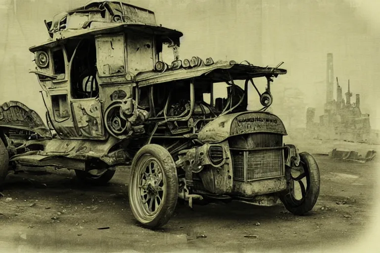 Image similar to cyberpunk 1 9 0 8 model ford t by paul lehr, jesper ejsing, metropolis, parked by view over city, vintage film photo, robotic, damaged photo, scratched photo, silent movie, black and white photo